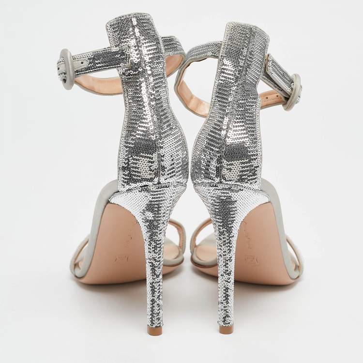 Pre Owned Gianvito Rossi Silver Sequins Montecarlo Ankle Strap Sandals Size 37