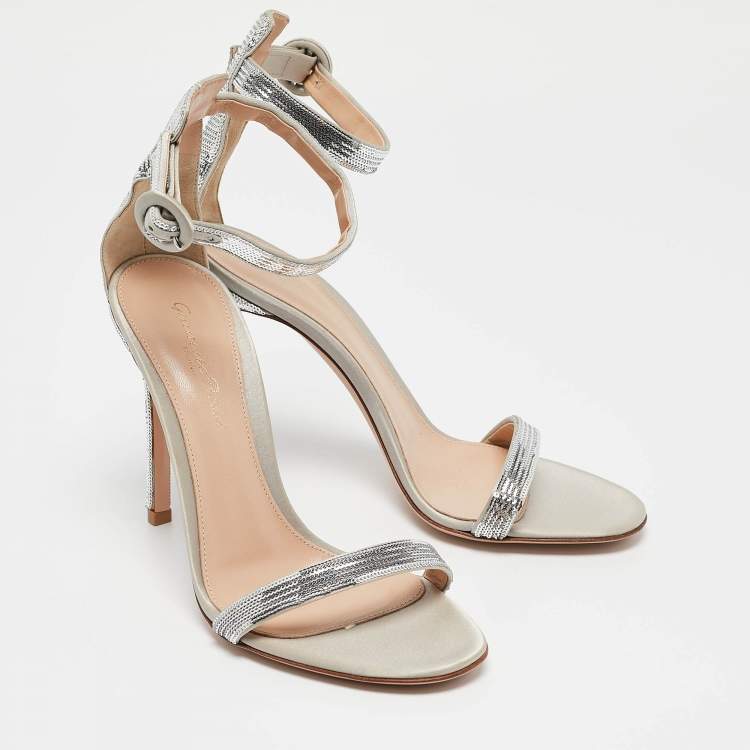 Pre Owned Gianvito Rossi Silver Sequins Montecarlo Ankle Strap Sandals Size 37