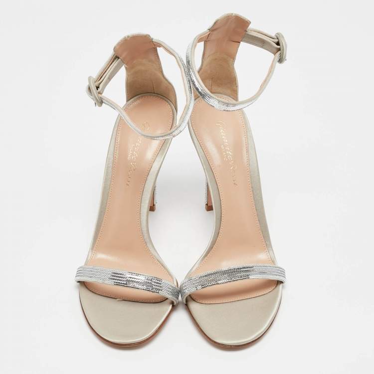 Pre Owned Gianvito Rossi Silver Sequins Montecarlo Ankle Strap Sandals Size 37