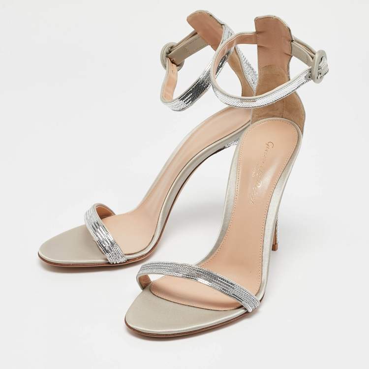 Pre Owned Gianvito Rossi Silver Sequins Montecarlo Ankle Strap Sandals Size 37