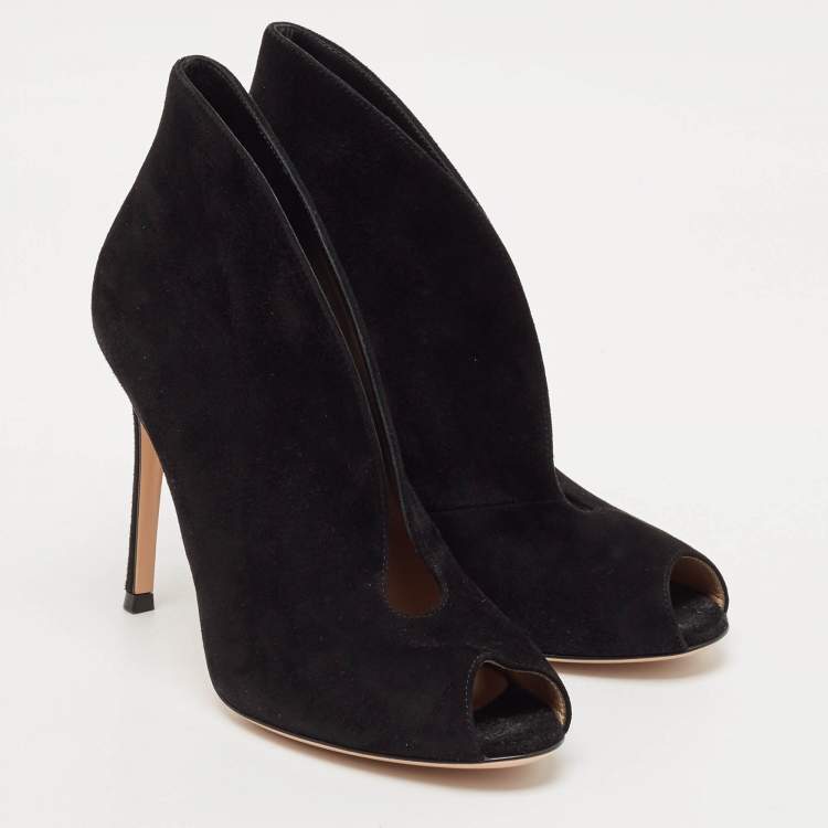 Pre Owned Gianvito Rossi Black Suede Vamp Peep Toe Ankle Booties Size 36.5