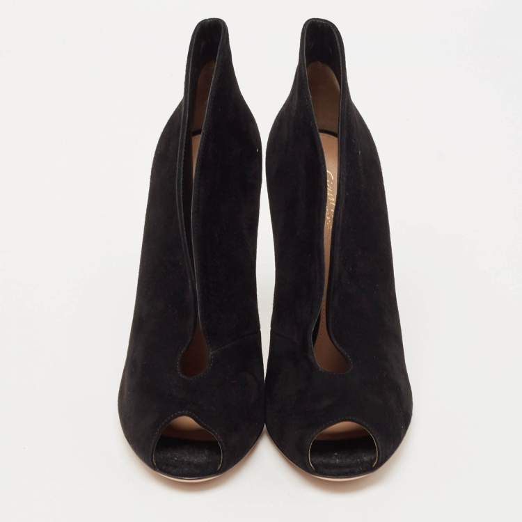 Pre Owned Gianvito Rossi Black Suede Vamp Peep Toe Ankle Booties Size 36.5