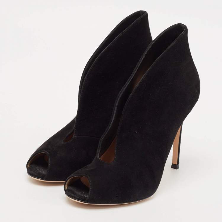 Pre Owned Gianvito Rossi Black Suede Vamp Peep Toe Ankle Booties Size 36.5