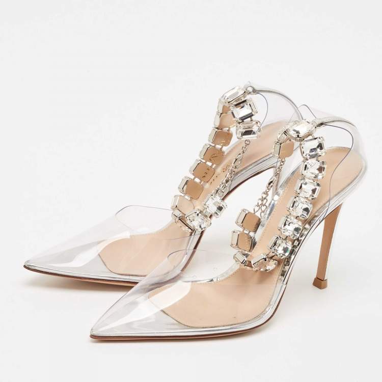 Pre Owned Gianvito Rossi Transparent PVC Crystal Embellished Ankle Strap Pumps Size 35