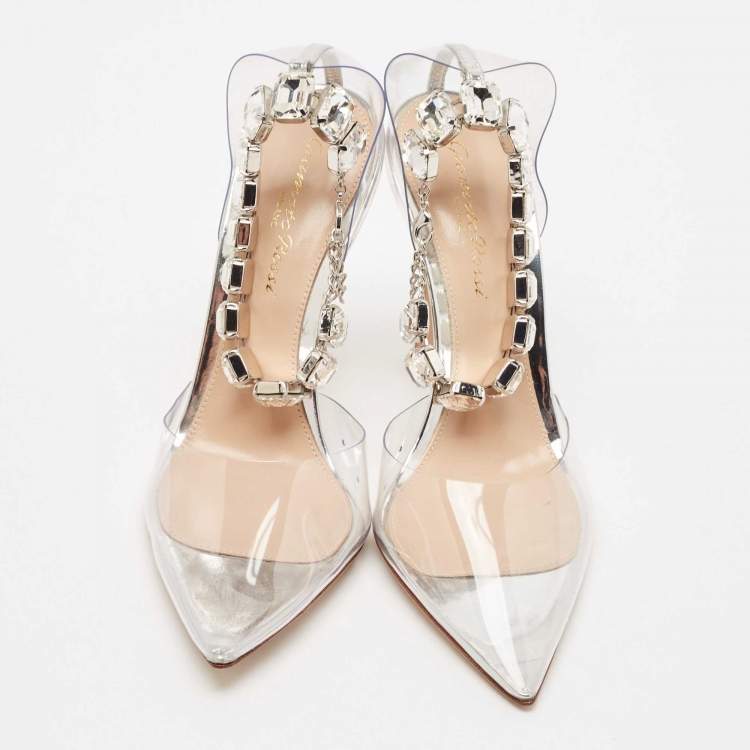 Pre Owned Gianvito Rossi Transparent PVC Crystal Embellished Ankle Strap Pumps Size 35