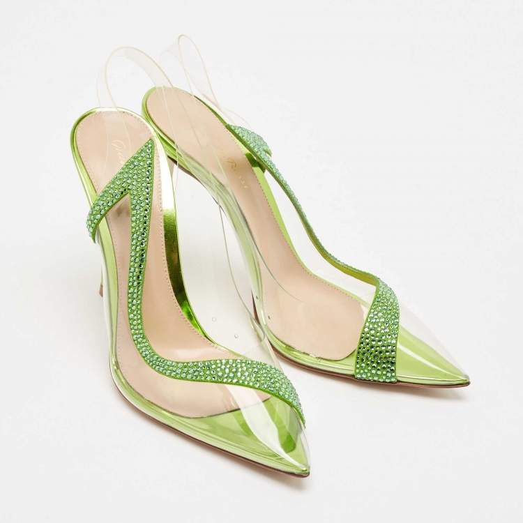 Pre Owned Gianvito Rossi Transparent/Green PVC and Suede Embellished Hortensia Pumps Size 38