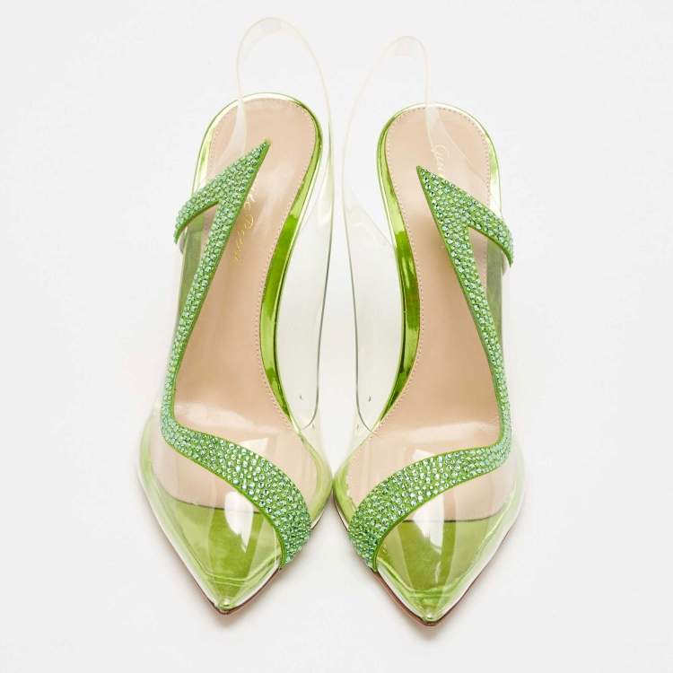 Pre Owned Gianvito Rossi Transparent/Green PVC and Suede Embellished Hortensia Pumps Size 38