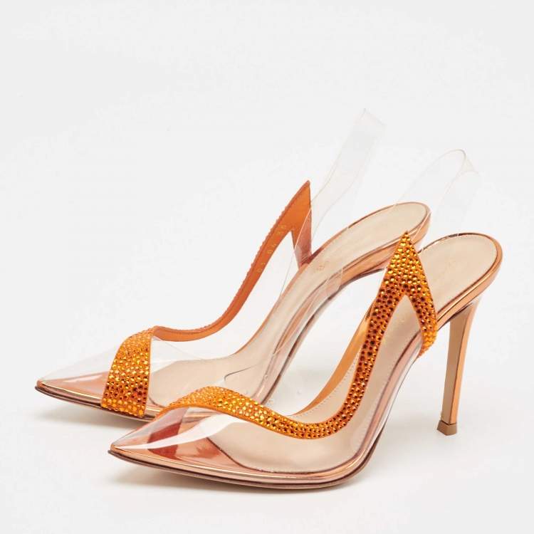 Pre Owned Gianvito Rossi Transparent/Orange PVC and Suede Embellished Hortensia Pumps Size 35