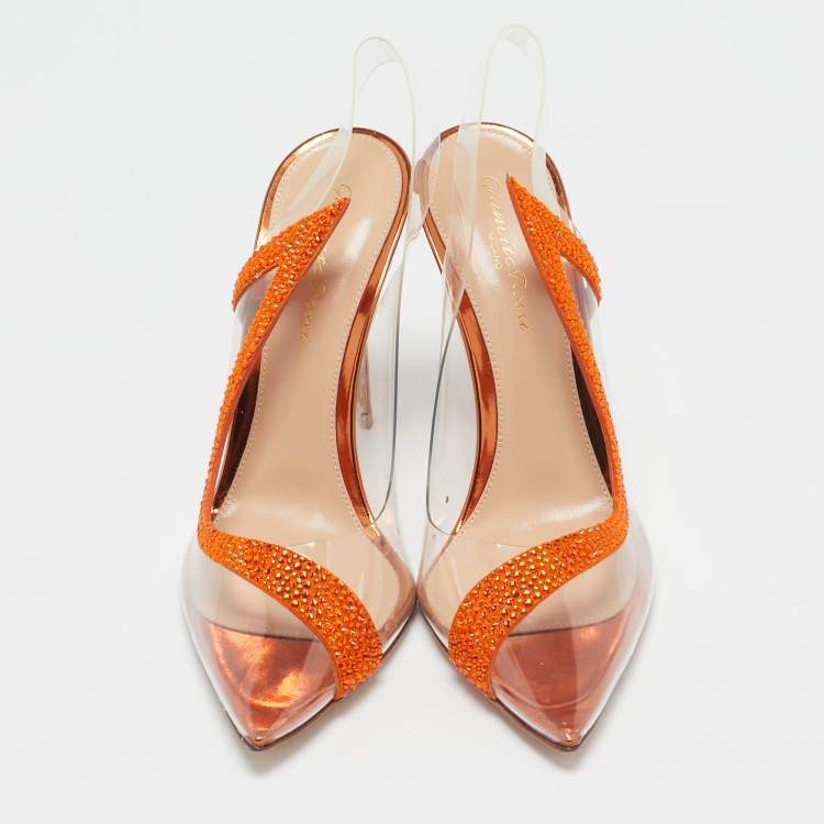 Pre Owned Gianvito Rossi Transparent/Orange PVC and Suede Embellished Hortensia Pumps Size 37