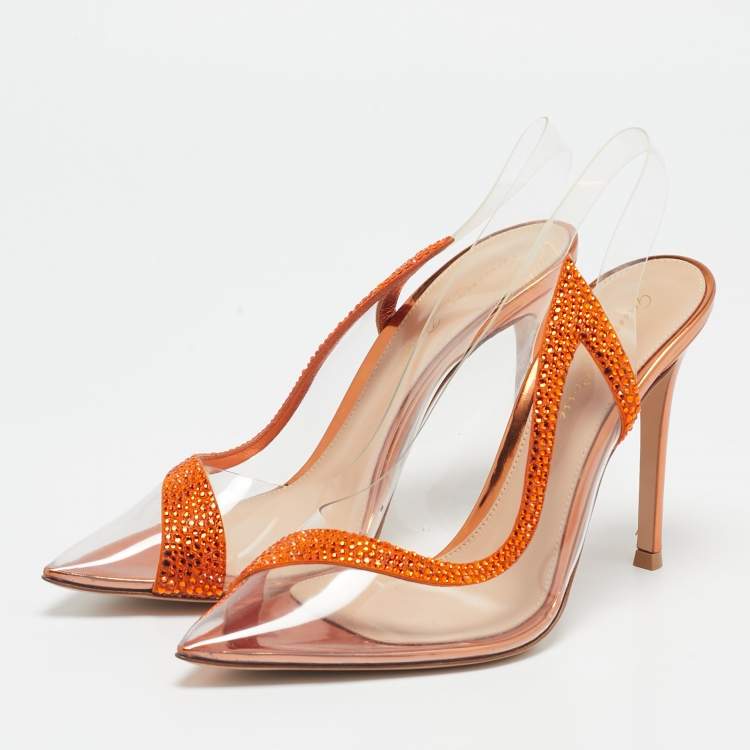 Pre Owned Gianvito Rossi Transparent/Orange PVC and Suede Embellished Hortensia Pumps Size 37