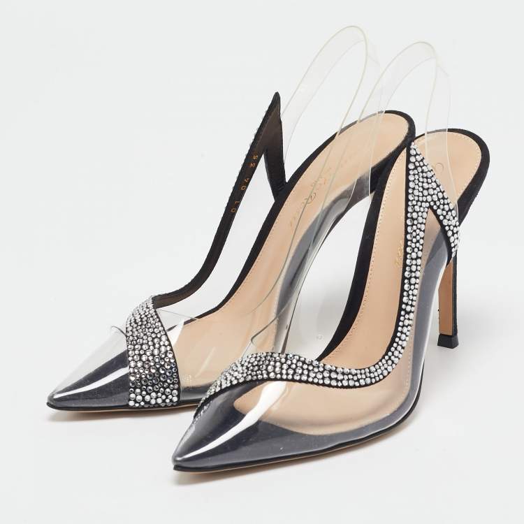 Pre Owned Gianvito Rossi Transparent/Black PVC and Suede Embellished Hortensia Pumps Size 35