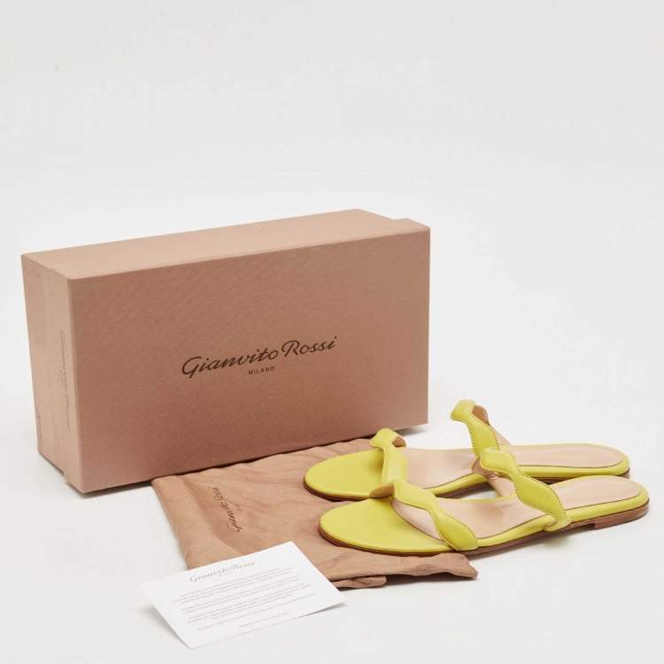 Pre Owned Gianvito Rossi Green Leather Wavy Flat Slides Size 39