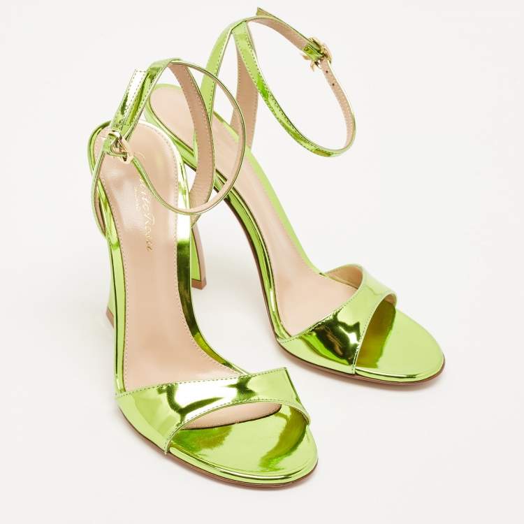 Pre Owned Gianvito Rossi Green Patent Leather Aura Ankle Strap Sandals Size 37.5