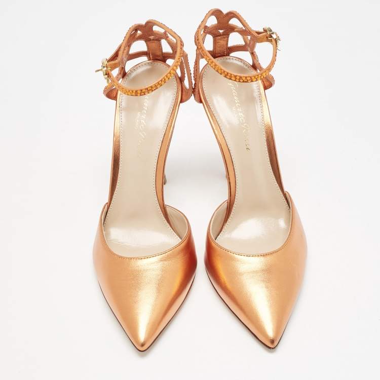 Pre Owned Gianvito Rossi Metallic Orange Leather Fleur Sandals Size 35.5