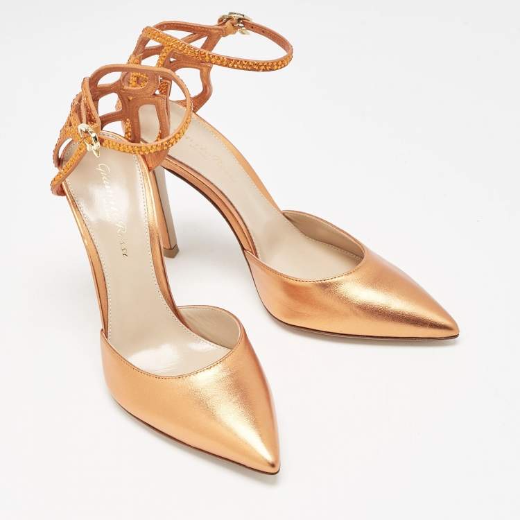 Pre Owned Gianvito Rossi Metallic Orange Leather Fleur Sandals Size 35.5