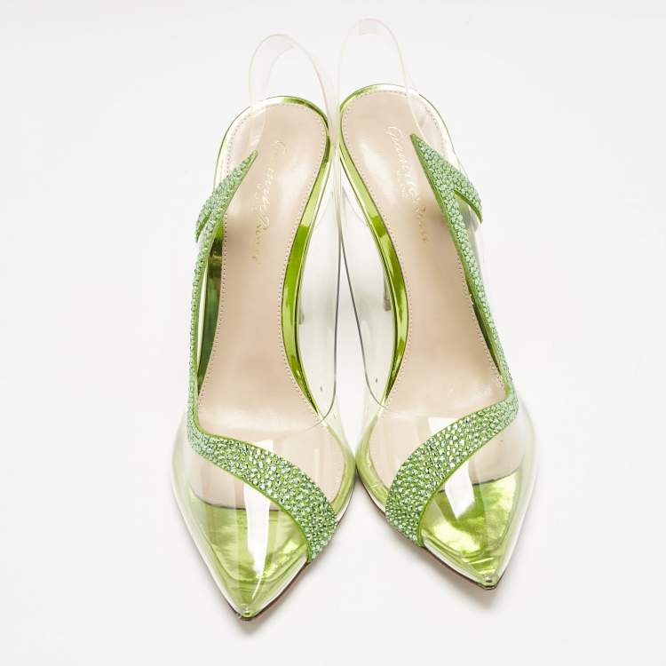 Pre Owned Gianvito Rossi Transparent/Green PVC and Suede Embellished Hortensia Pumps Size 38.5