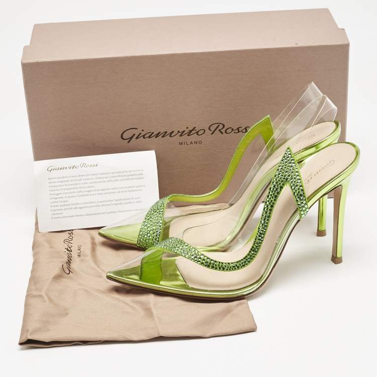 Pre Owned Gianvito Rossi Transparent/Green PVC and Suede Embellished Hortensia Pumps Size 38.5