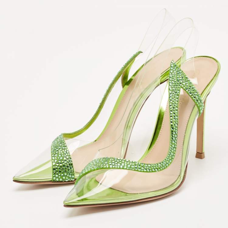 Pre Owned Gianvito Rossi Transparent/Green PVC and Suede Embellished Hortensia Pumps Size 37