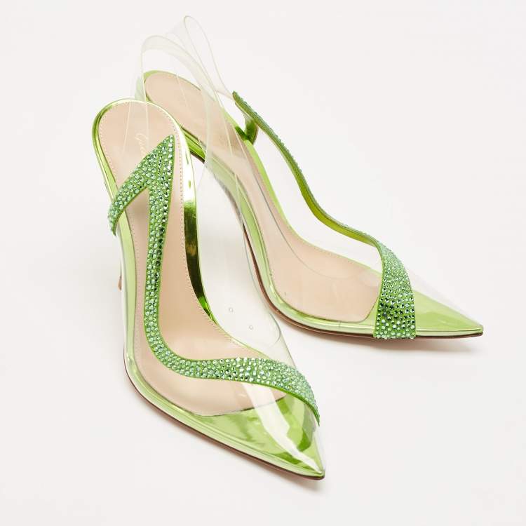 Pre Owned Gianvito Rossi Transparent/Green PVC and Suede Embellished Hortensia Pumps Size 37