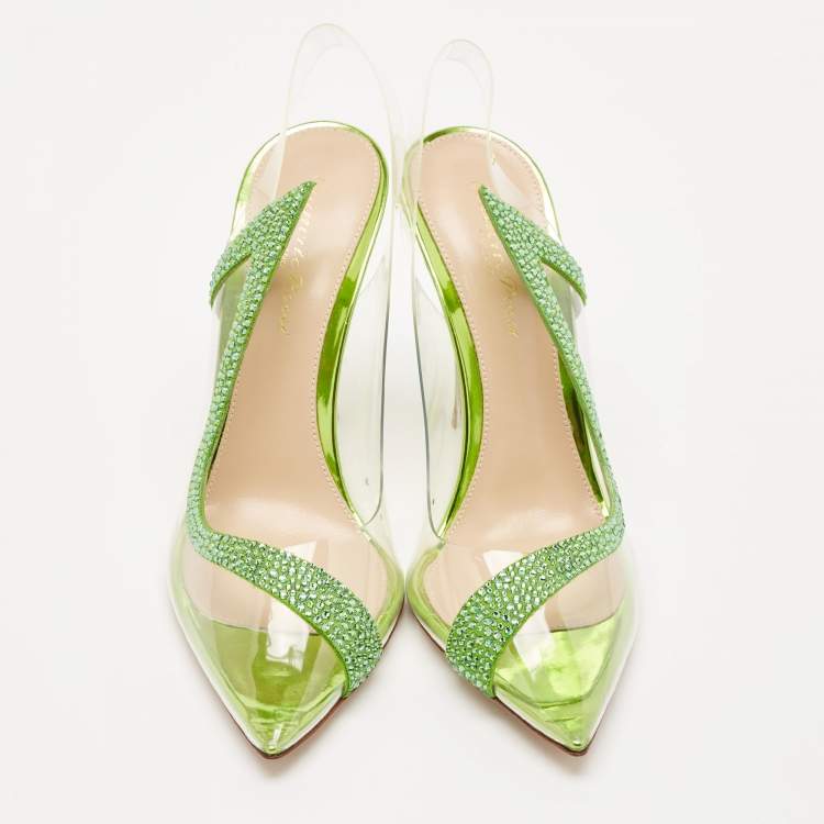 Pre Owned Gianvito Rossi Transparent/Green PVC and Suede Embellished Hortensia Pumps Size 37