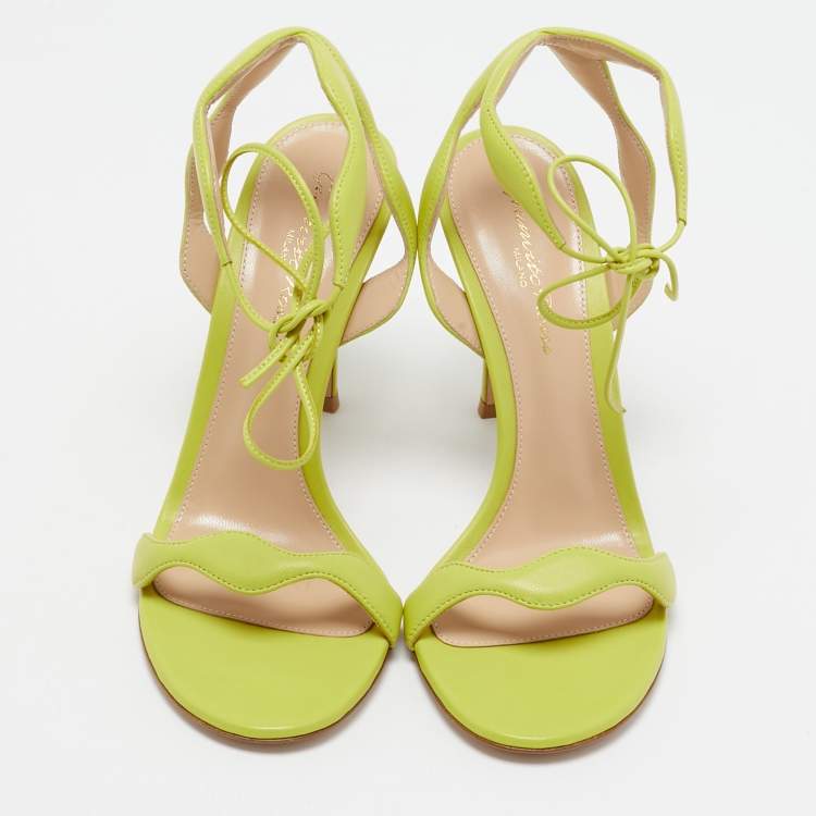 Pre Owned Gianvito Rossi Green Leather Wavy Ankle Tie Sandals Size 37.5