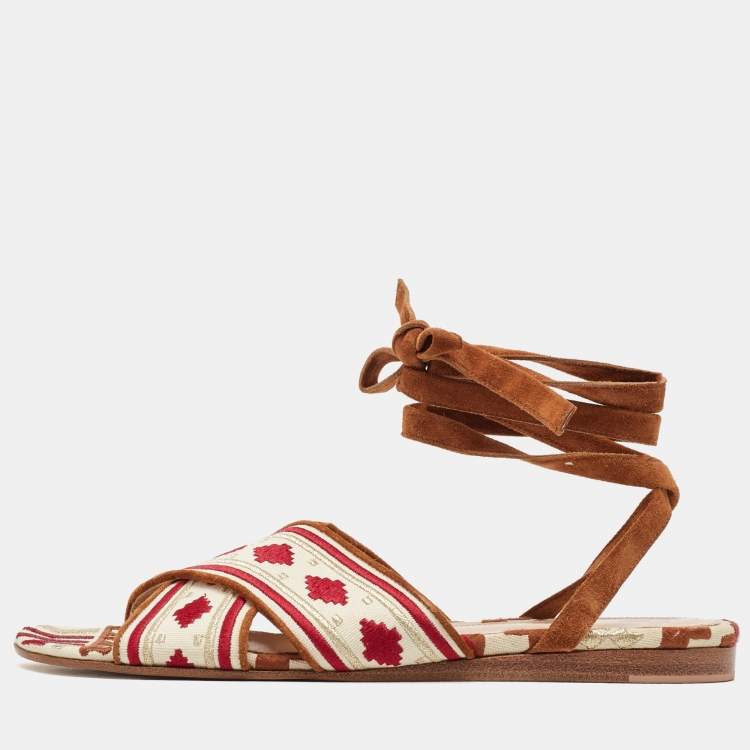 Pre Owned Gianvito Rossi Multicolor Embroidered Fabric Cheyenne Ankle Wrap Flat Sandals Size 40