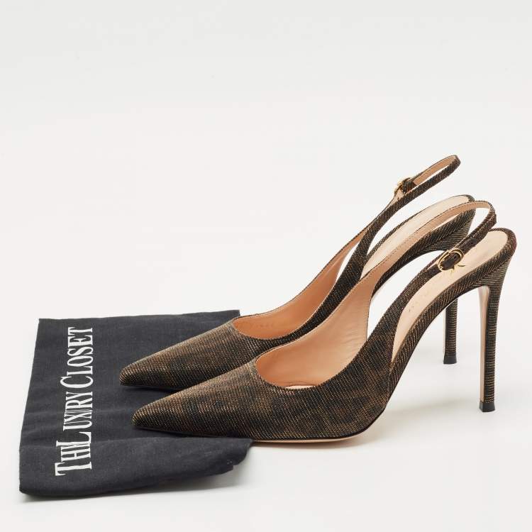 Pre Owned Gianvito Rossi Brown Glitter Fabric  Ribbon Slingback Pumps Size 39