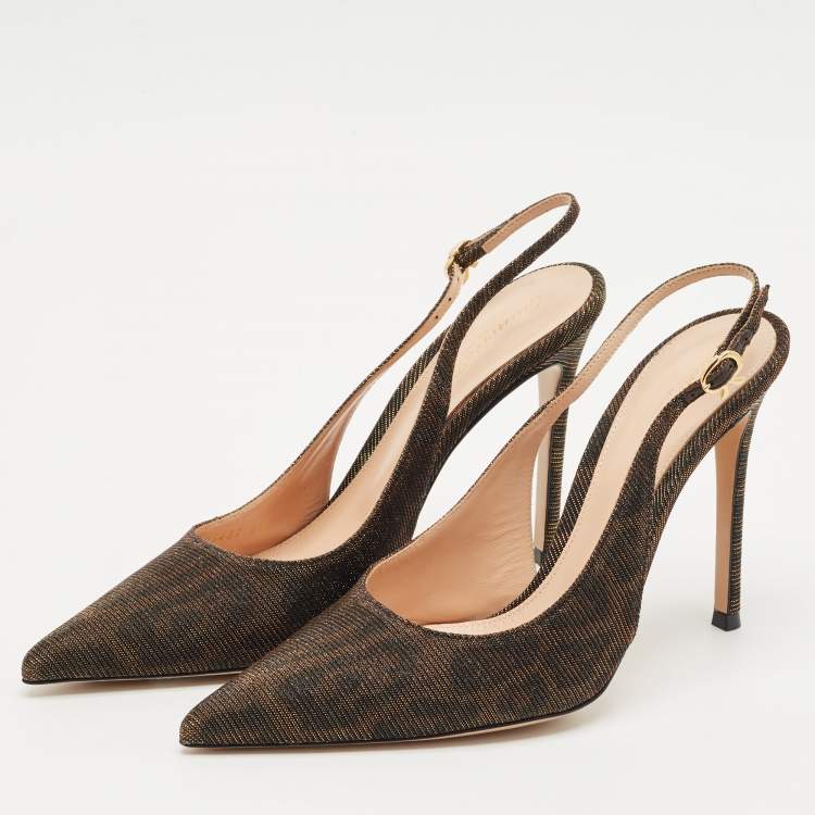 Pre Owned Gianvito Rossi Brown Glitter Fabric  Ribbon Slingback Pumps Size 39