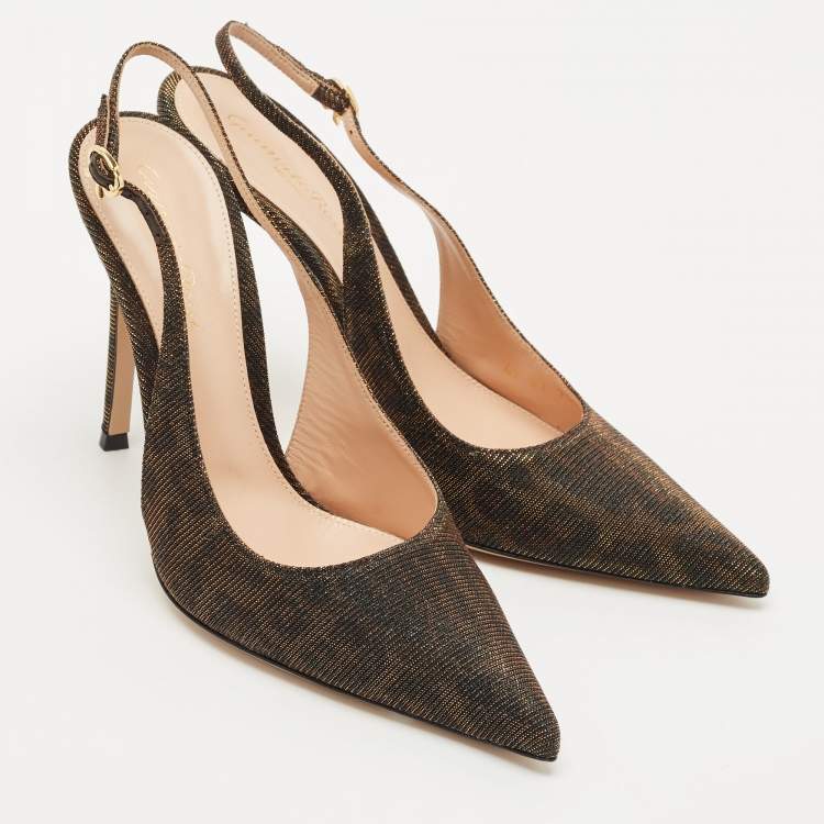 Pre Owned Gianvito Rossi Brown Glitter Fabric  Ribbon Slingback Pumps Size 39