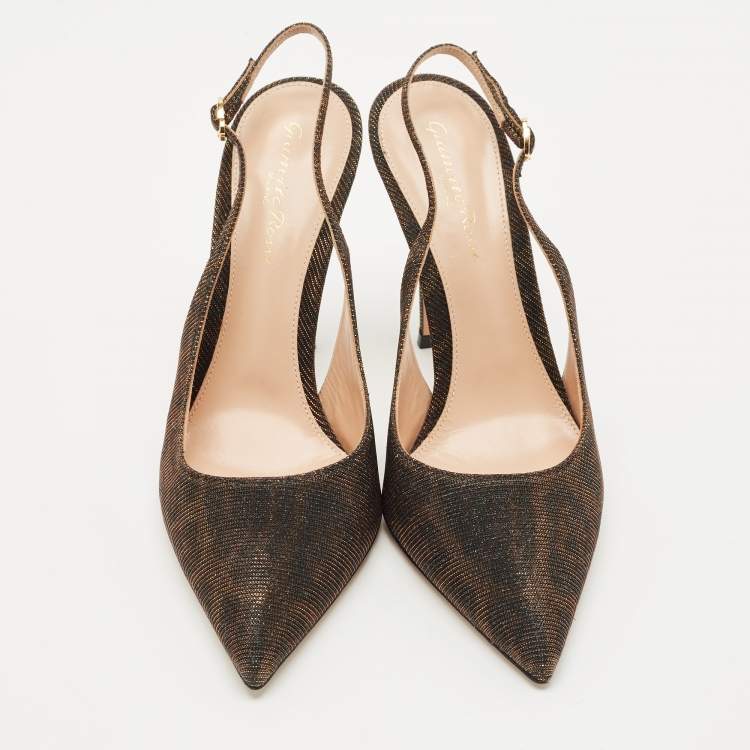 Pre Owned Gianvito Rossi Brown Glitter Fabric  Ribbon Slingback Pumps Size 39