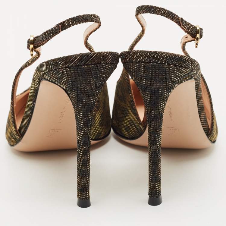 Pre Owned Gianvito Rossi Brown Glitter Fabric  Ribbon Slingback Pumps Size 39