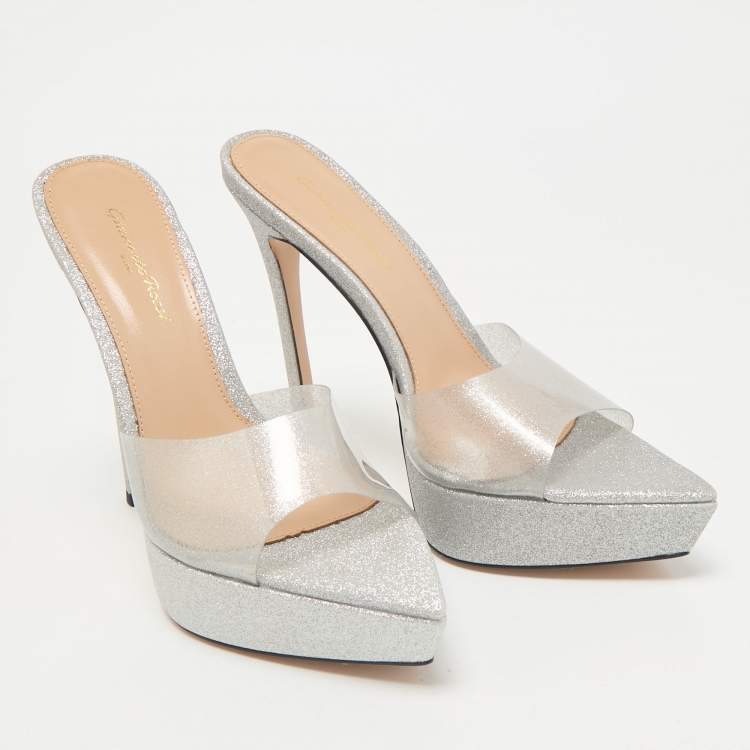 Pre Owned Gianvito Rossi Silver Glitter PVC Betty Platform Slide Sandals Size 39