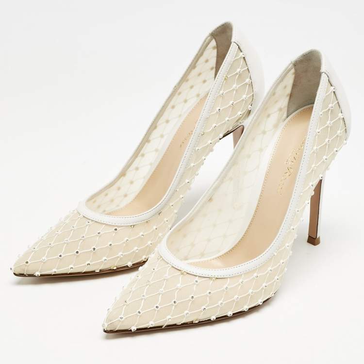 Pre Owned Gianvito Rossi White Leather and Mesh Crystal Embellished Rea Pumps Size 37