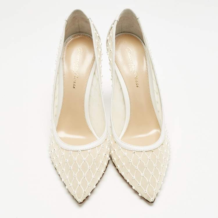 Pre Owned Gianvito Rossi White Leather and Mesh Crystal Embellished Rea Pumps Size 37