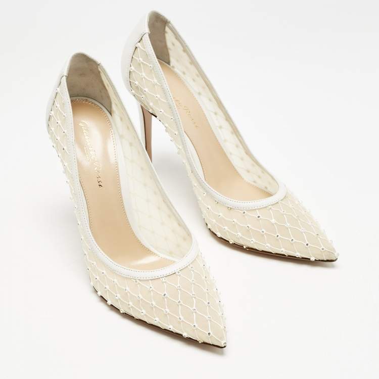 Pre Owned Gianvito Rossi White Leather and Mesh Crystal Embellished Rea Pumps Size 37