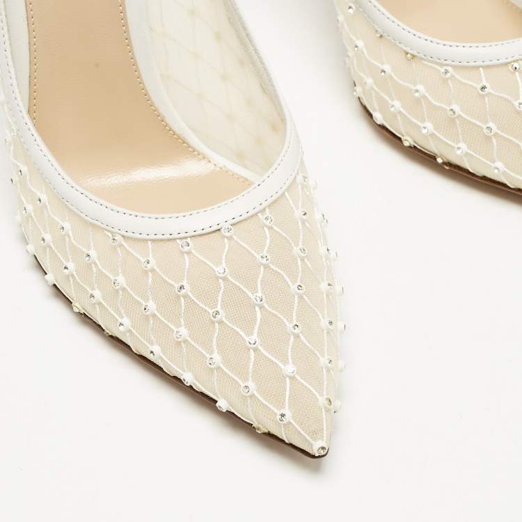 Pre Owned Gianvito Rossi White Leather and Mesh Crystal Embellished Rea Pumps Size 37