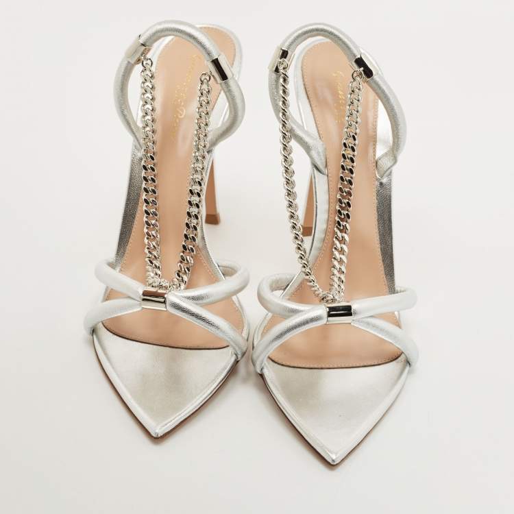 Pre Owned Gianvito Rossi Silver Leather Chain Detail Slingback Sandals Size 41