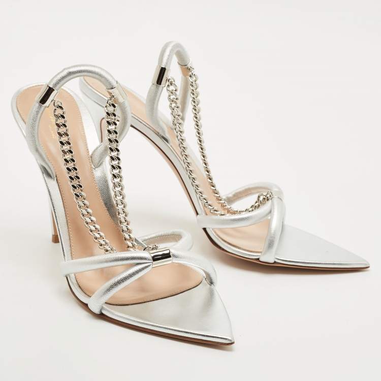 Pre Owned Gianvito Rossi Silver Leather Chain Detail Slingback Sandals Size 41