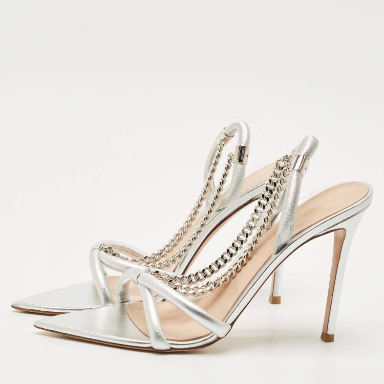 Pre Owned Gianvito Rossi Silver Leather Chain Detail Slingback Sandals Size 41