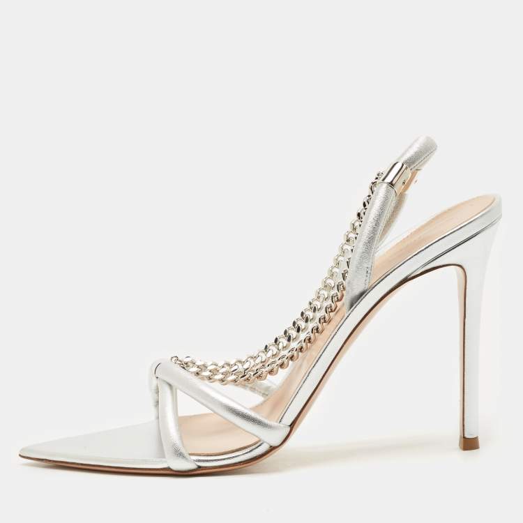 Pre Owned Gianvito Rossi Silver Leather Chain Detail Slingback Sandals Size 41