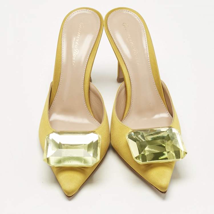 Pre Owned Gianvito Rossi Yellow Satin Crystal Embellished Jaipur Mules Size 37
