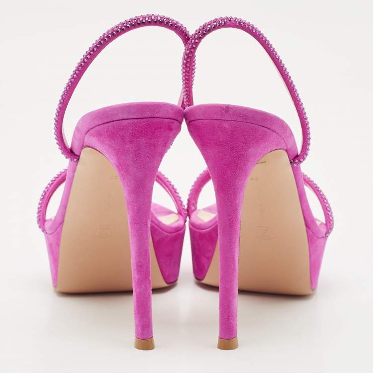 Pre Owned Gianvito Rossi Fuchsia Suede Crystal Embellished Cannes Platform Sandals Size 39