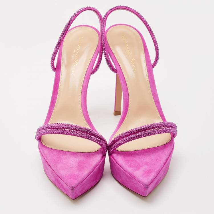 Pre Owned Gianvito Rossi Fuchsia Suede Crystal Embellished Cannes Platform Sandals Size 39