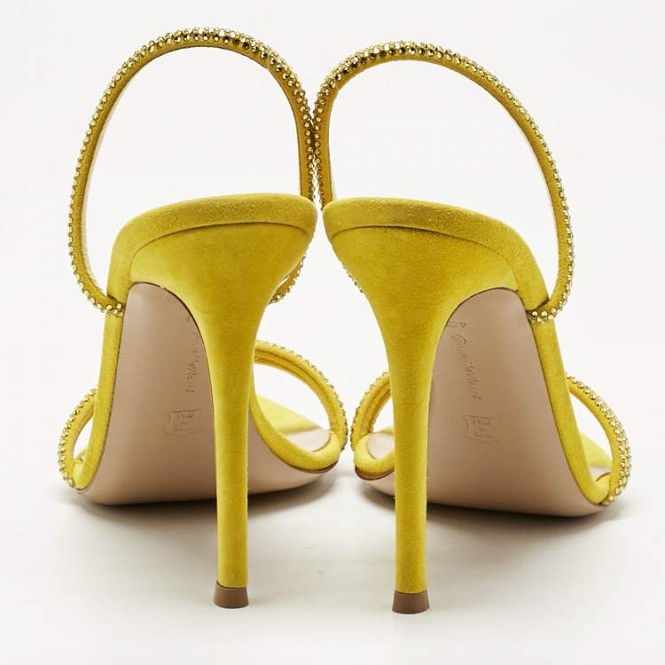 Pre Owned Gianvito Rossi Yellow Suede Crystal Embellished Cannes Sandals Size 40.5