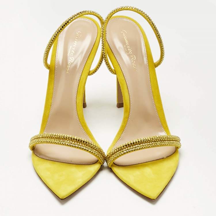 Pre Owned Gianvito Rossi Yellow Suede Crystal Embellished Cannes Sandals Size 40.5