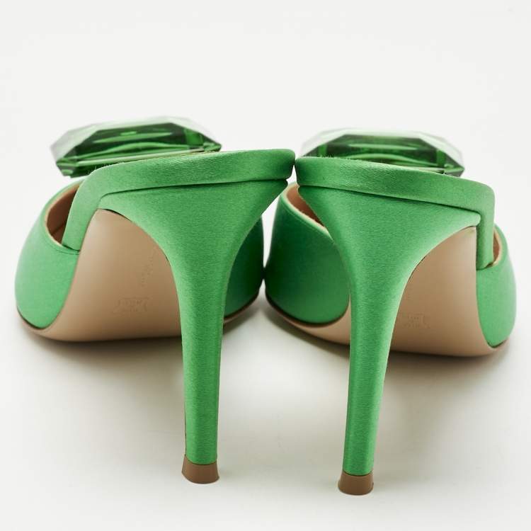 Pre Owned Gianvito Rossi Green Satin Jaipur Crystal Pointed Toe Mules Size 40