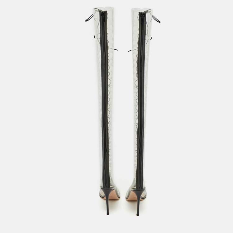 Pre Owned Gianvito Rossi Transparent/Black Leather and PVC Nikita Over The Knee Length Boots Size 38.5