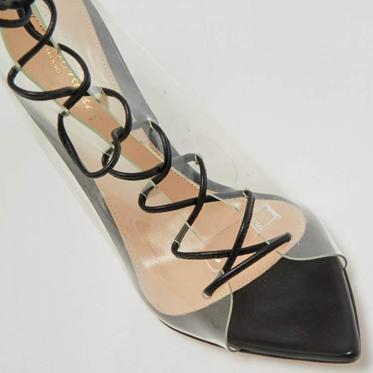 Pre Owned Gianvito Rossi Transparent/Black Leather and PVC Nikita Over The Knee Length Boots Size 38.5