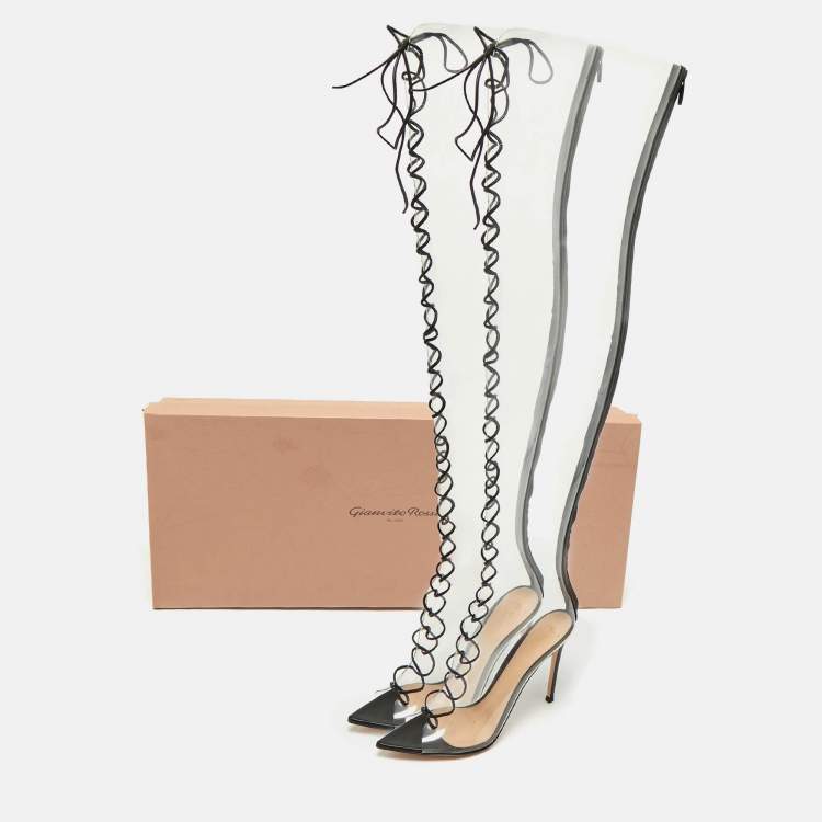 Pre Owned Gianvito Rossi Transparent/Black Leather and PVC Nikita Over The Knee Length Boots Size 38.5
