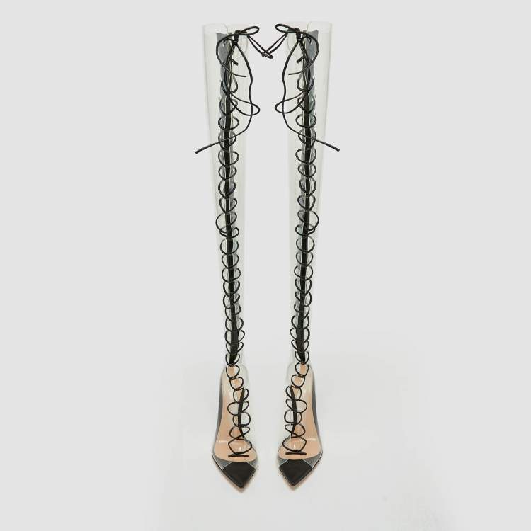 Pre Owned Gianvito Rossi Transparent/Black Leather and PVC Nikita Over The Knee Length Boots Size 38.5
